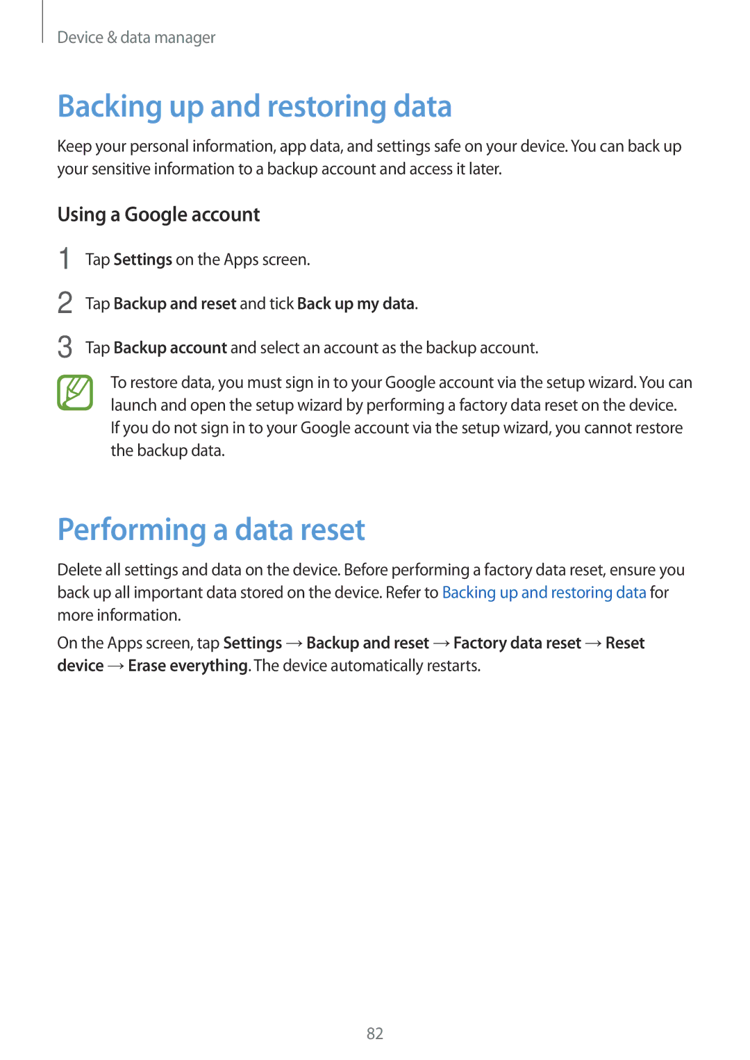 Samsung SM-A300FZSDAUT, SM-A300FZKDROM manual Backing up and restoring data, Performing a data reset, Using a Google account 