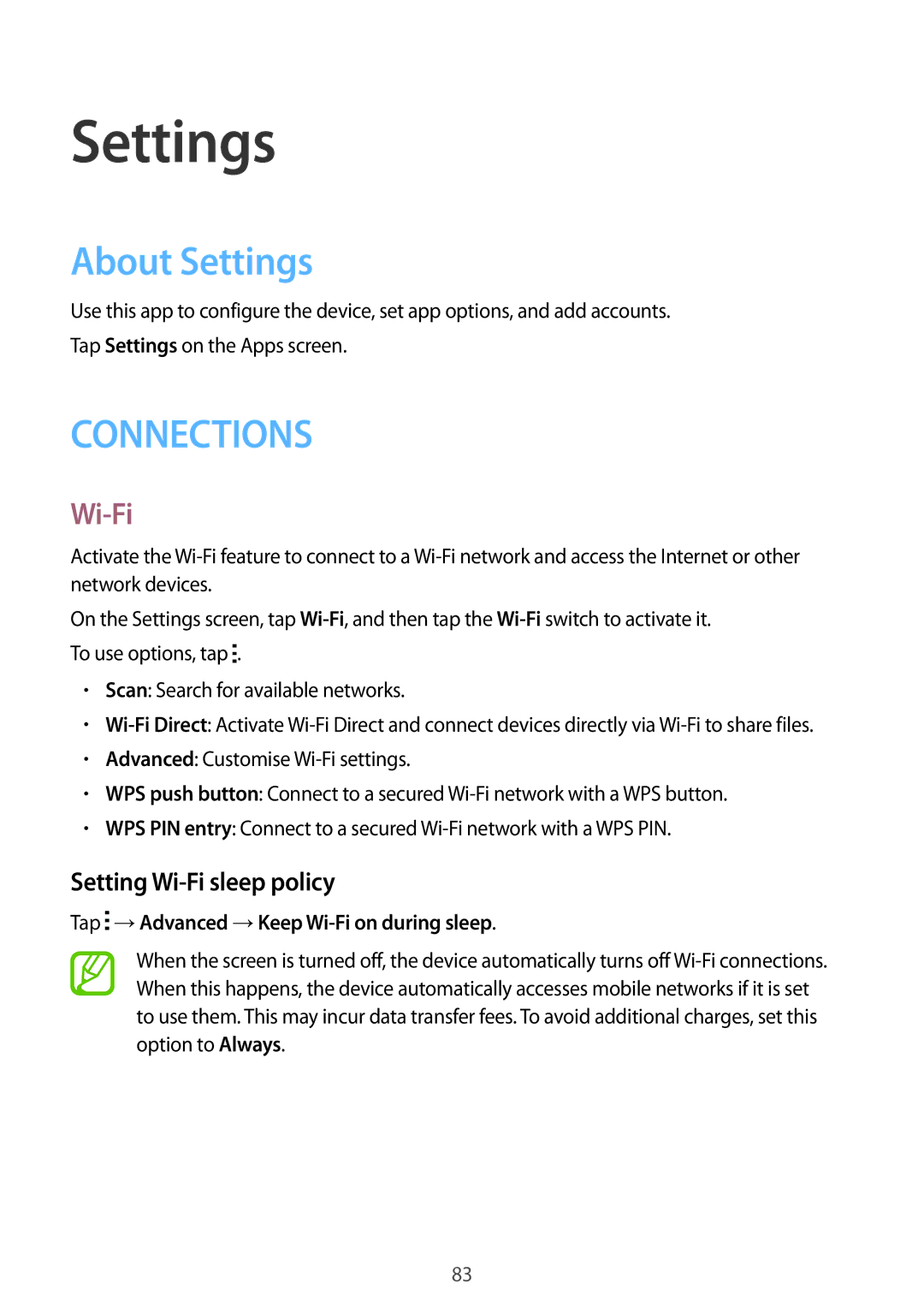 Samsung SM-A300FZDDATO manual About Settings, Setting Wi-Fi sleep policy, Tap →Advanced →Keep Wi-Fi on during sleep 