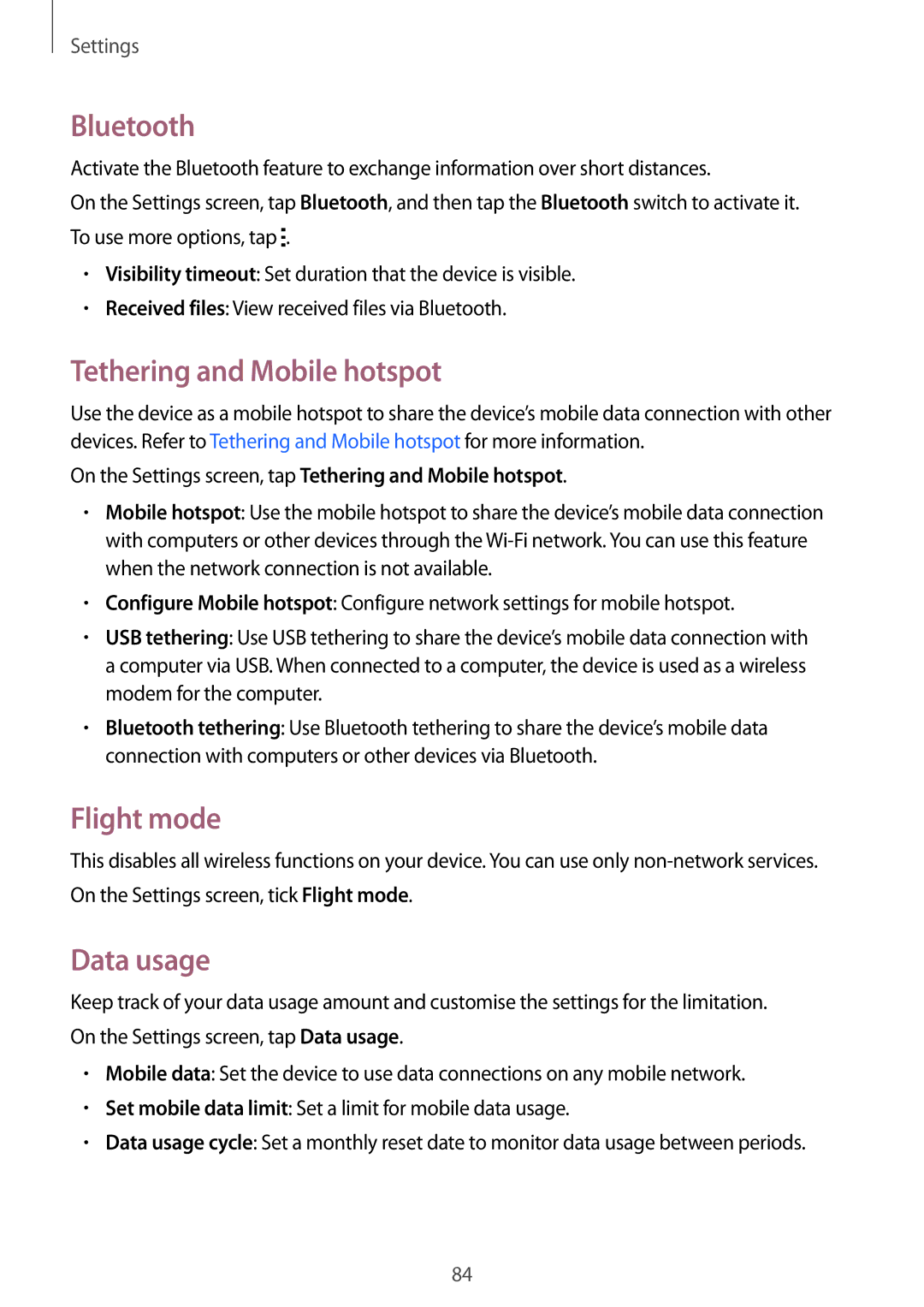 Samsung SM-A300FZWDETL, SM-A300FZKDROM, SM-A300FZWDROM Bluetooth, Tethering and Mobile hotspot, Flight mode, Data usage 