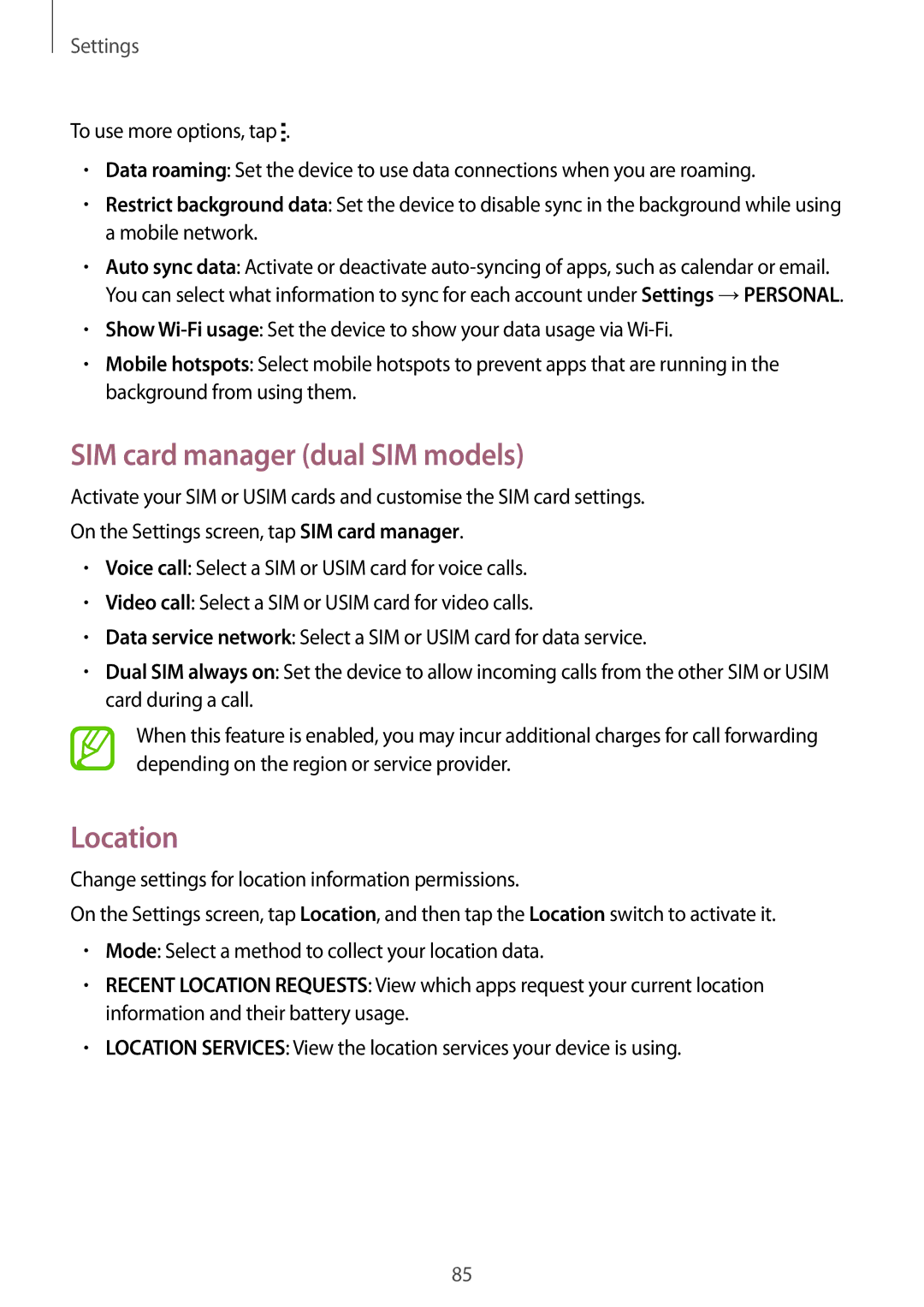 Samsung SM-A300FZWDAUT, SM-A300FZKDROM, SM-A300FZWDROM, SM-A300FZKDATO manual SIM card manager dual SIM models, Location 