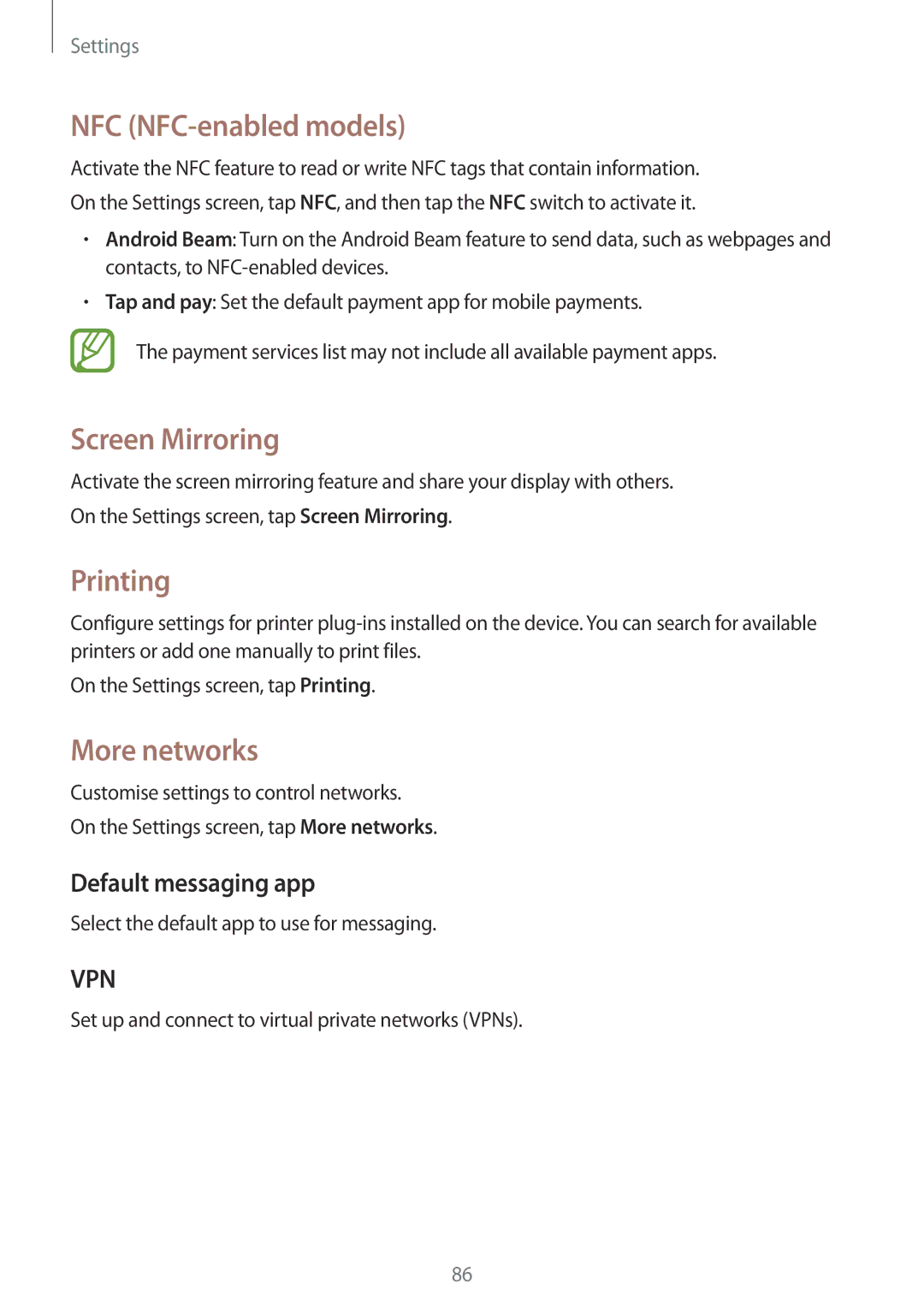 Samsung SM2A300FZWDETL manual NFC NFC-enabled models, Screen Mirroring, Printing, More networks, Default messaging app 