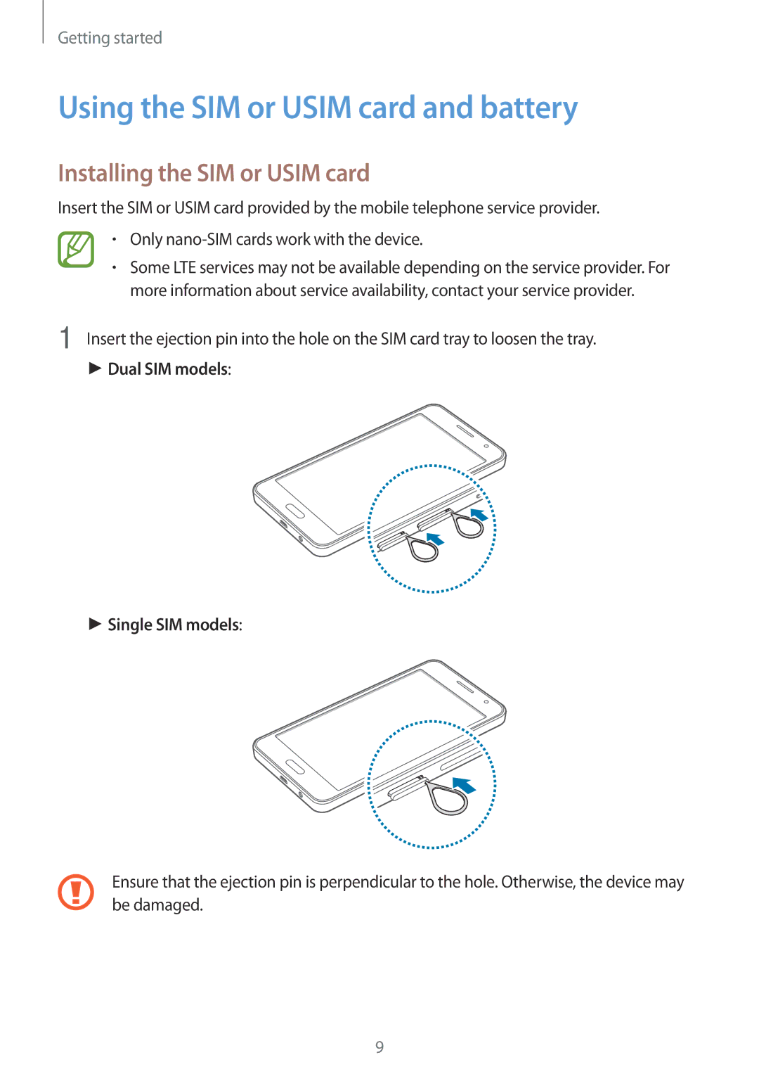 Samsung SM-A300FZWDETL, SM-A300FZKDROM manual Using the SIM or Usim card and battery, Installing the SIM or Usim card 