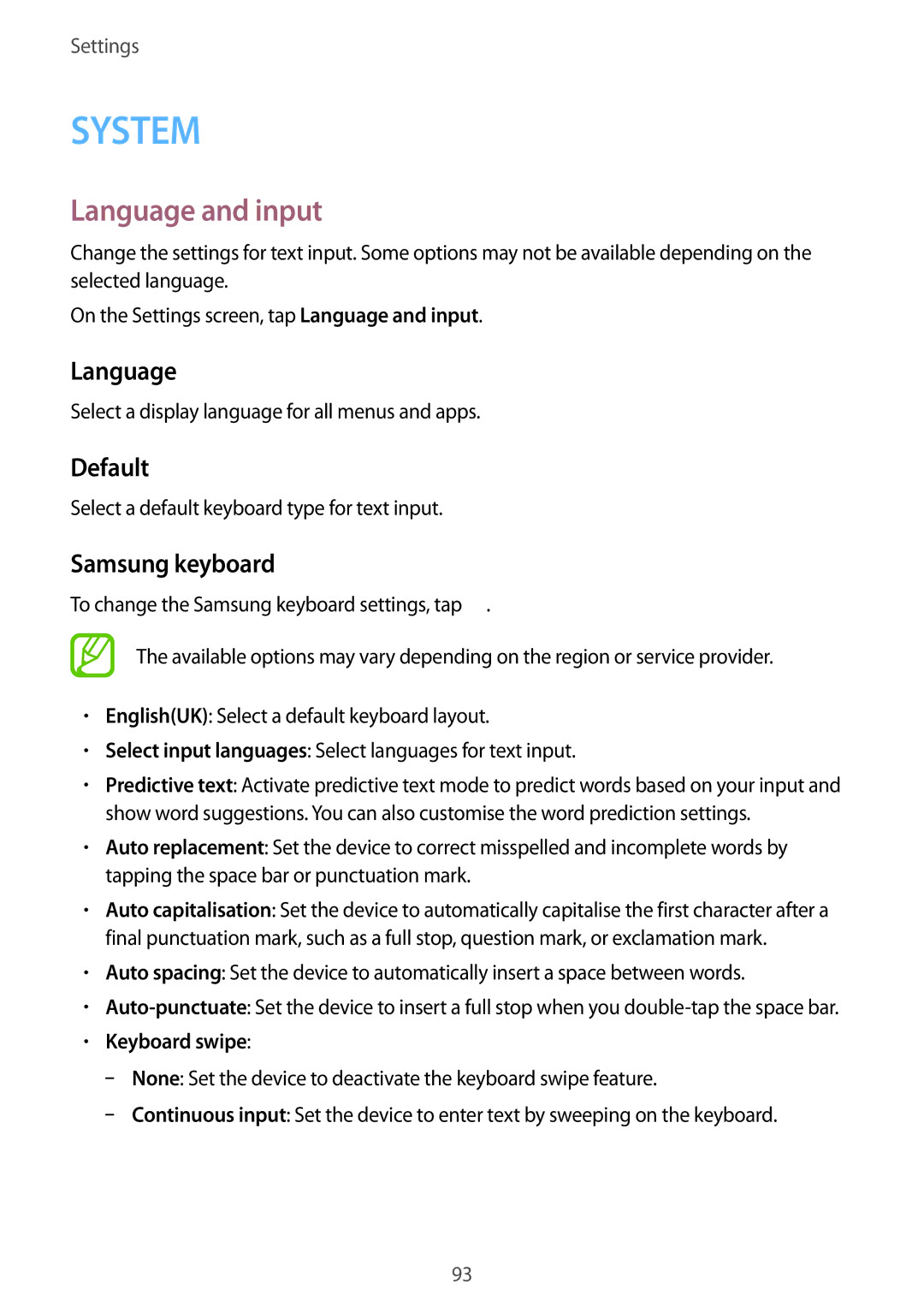 Samsung SM-A300FZWACEL, SM-A300FZKDROM, SM-A300FZWDROM manual Language and input, Default, Samsung keyboard, Keyboard swipe 