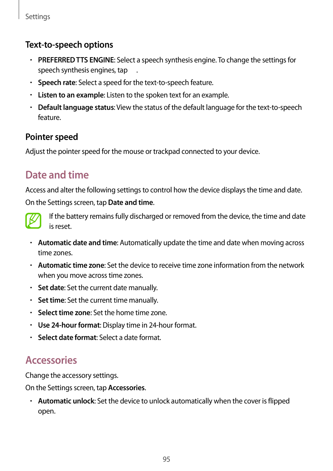 Samsung SM-A300FZKAILO, SM-A300FZKDROM, SM-A300FZWDROM Date and time, Accessories, Text-to-speech options, Pointer speed 