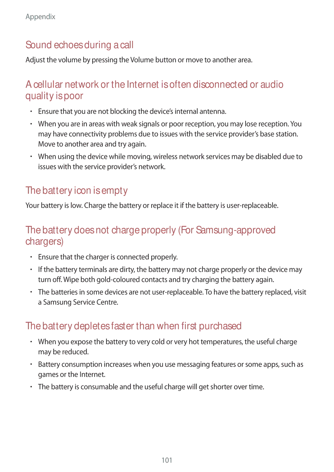 Samsung SM-A300FZWAPCL, SM-A300FZKDROM, SM-A300FZWDROM, SM-A300FZKDATO, SM-A300FZKDAUT manual Sound echoes during a call 