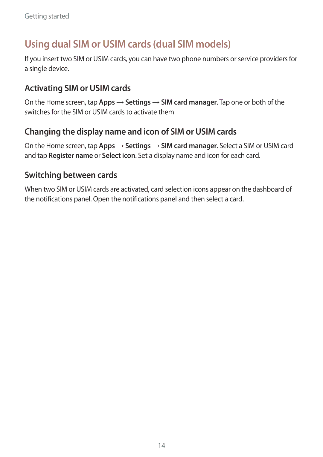 Samsung SM-A300HZKDKSA Using dual SIM or Usim cards dual SIM models, Activating SIM or Usim cards, Switching between cards 