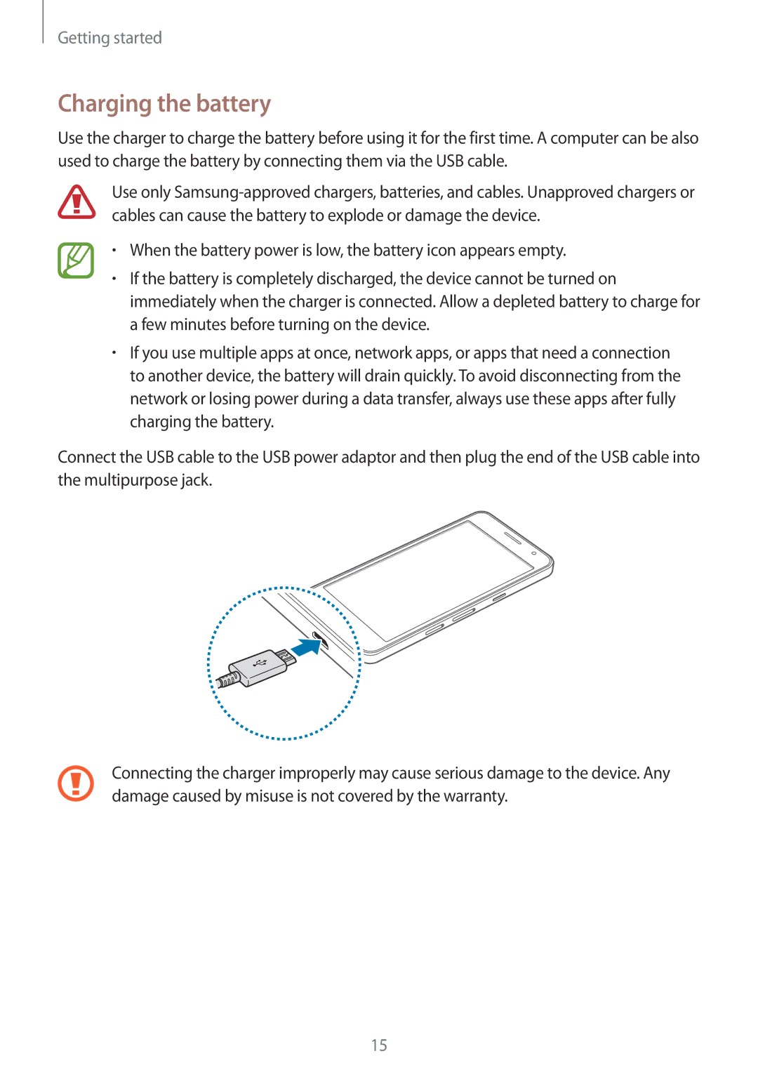 Samsung SM-A300HZDDXXV, SM-A300FZKDROM, SM-A300FZWDROM, SM-A300FZKDATO, SM-A300FZKDAUT, SM-A300FZDDAUT Charging the battery 