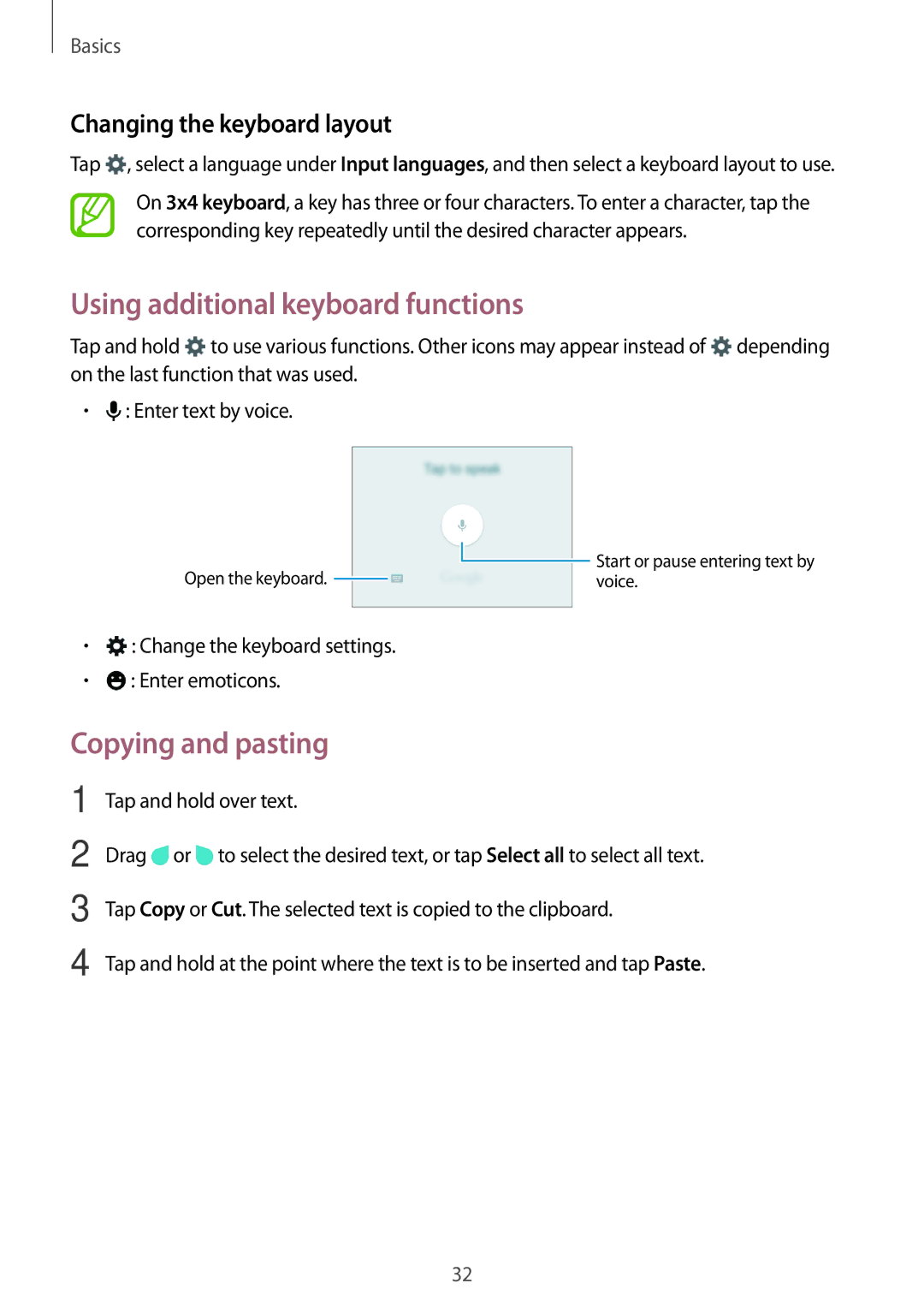 Samsung SM-A300FZWAILO manual Using additional keyboard functions, Copying and pasting, Changing the keyboard layout 