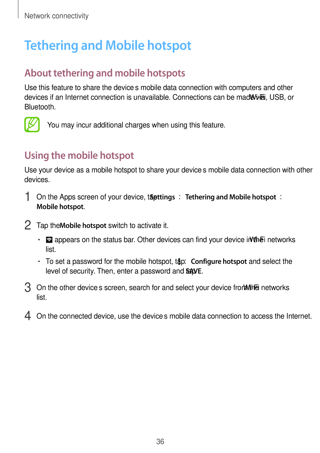 Samsung SM-A300FZWDROM manual Tethering and Mobile hotspot, About tethering and mobile hotspots, Using the mobile hotspot 