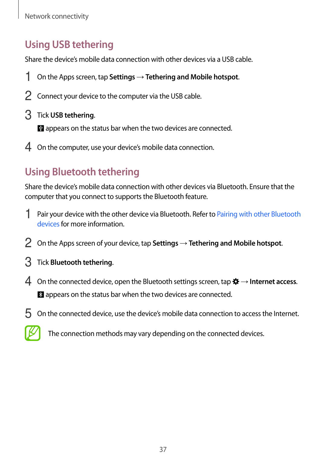 Samsung SM-A300FZKDATO manual Using USB tethering, Using Bluetooth tethering, Tick USB tethering, Tick Bluetooth tethering 