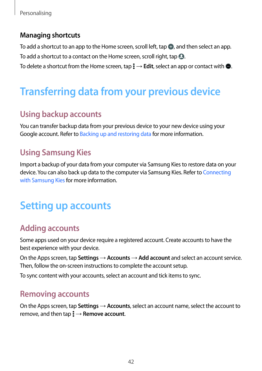 Samsung SM-A300HZKDTHR, SM-A300FZKDROM, SM-A300FZWDROM Transferring data from your previous device, Setting up accounts 