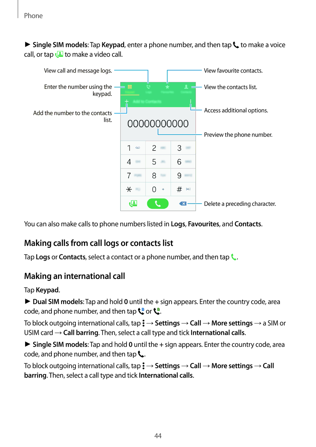 Samsung SM-A300HZWDTHR manual Making calls from call logs or contacts list, Making an international call, Tap Keypad 