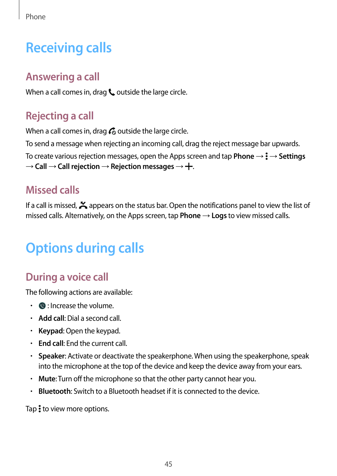 Samsung SM-A300HZSDEGY, SM-A300FZKDROM, SM-A300FZWDROM, SM-A300FZKDATO, SM-A300FZKDAUT Receiving calls, Options during calls 