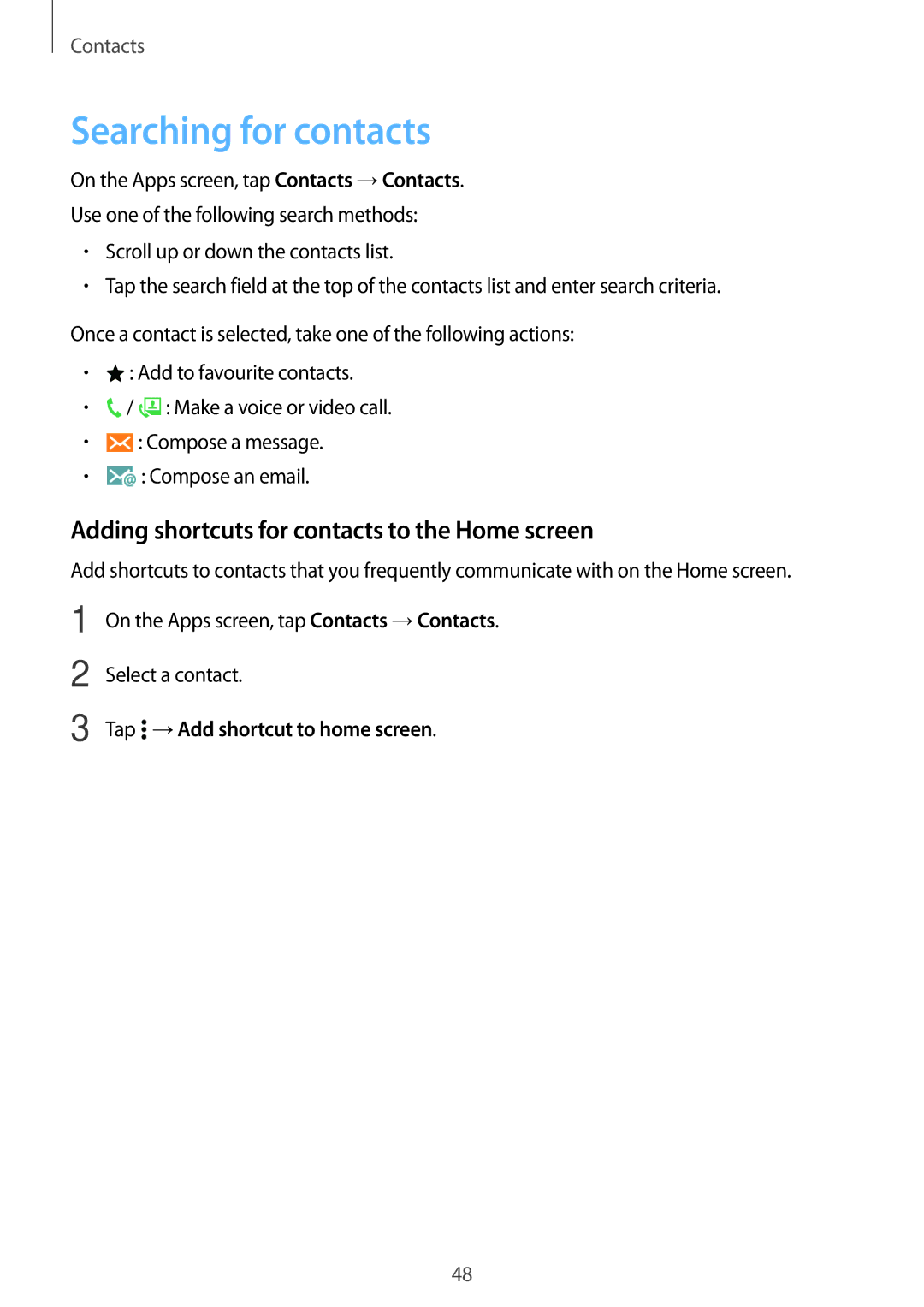 Samsung SM-A300HZWDCAC, SM-A300FZKDROM manual Searching for contacts, Adding shortcuts for contacts to the Home screen 