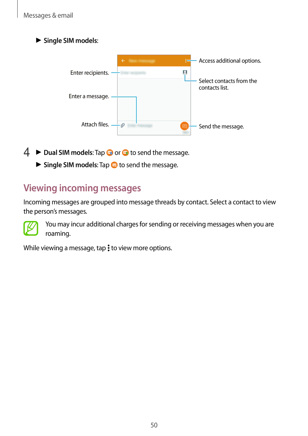 Samsung SM-A300HZDDXXV, SM-A300FZKDROM, SM-A300FZWDROM, SM-A300FZKDATO manual Viewing incoming messages, Single SIM models 