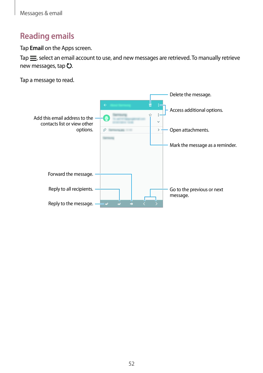 Samsung SM-A300FZSDAUT, SM-A300FZKDROM, SM-A300FZWDROM, SM-A300FZKDATO, SM-A300FZKDAUT, SM-A300FZDDAUT manual Reading emails 