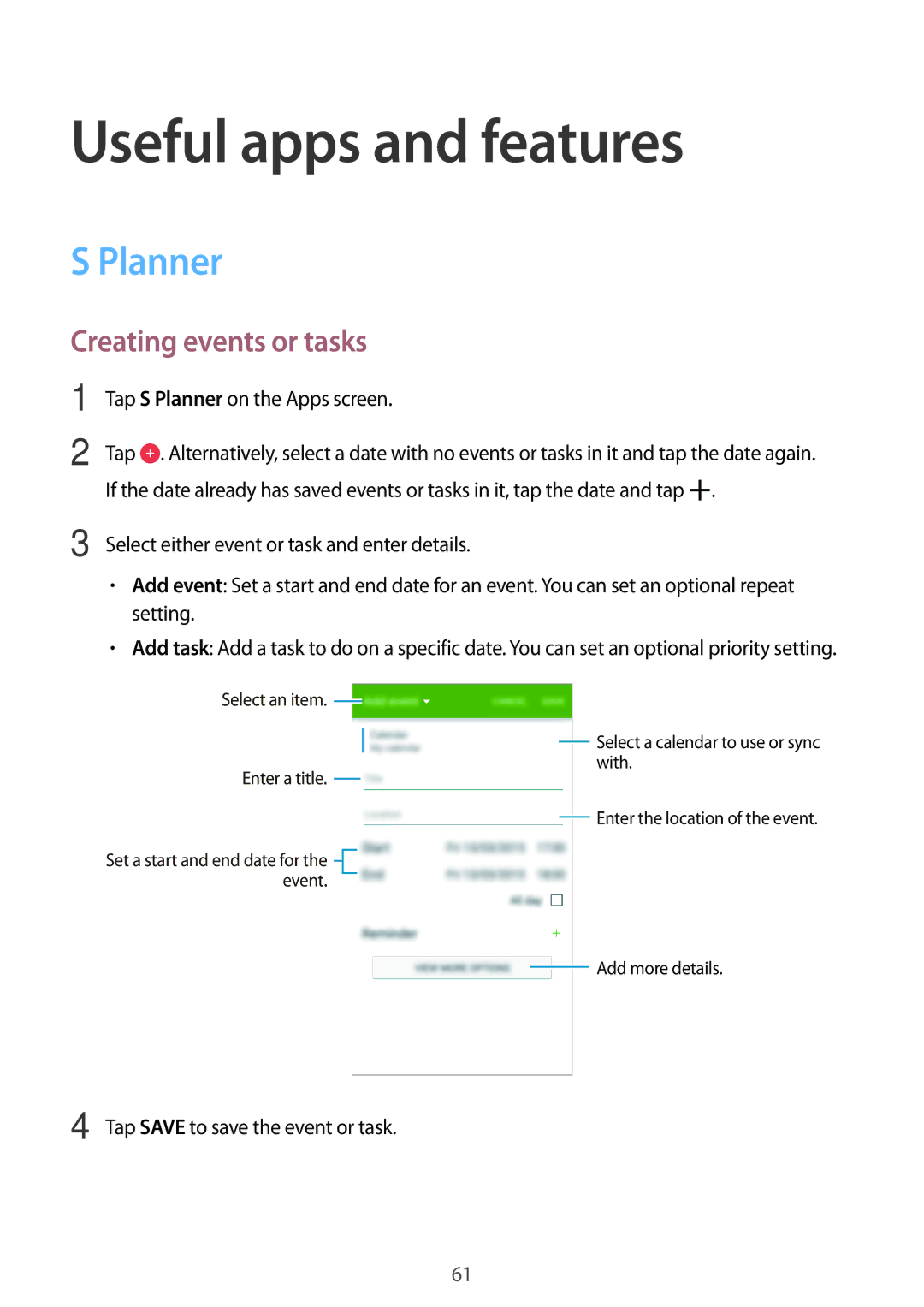 Samsung SM-A300FZKAPTR, SM-A300FZKDROM, SM-A300FZWDROM manual Useful apps and features, Planner, Creating events or tasks 