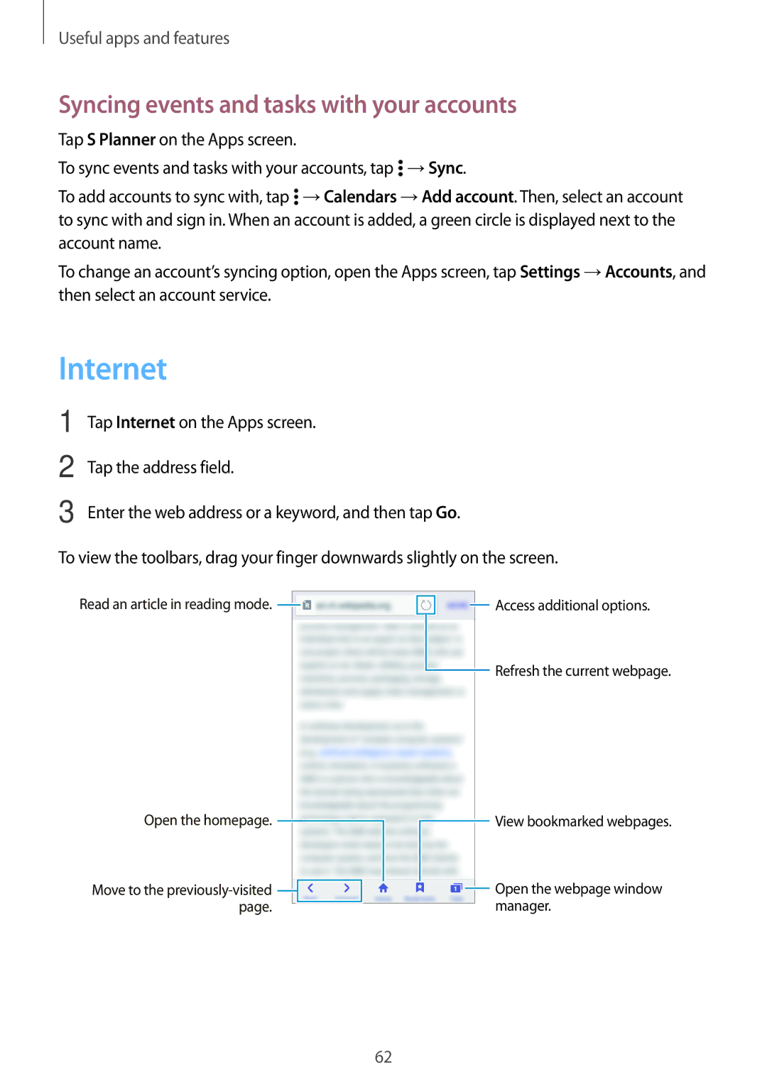 Samsung SM-A300FZSAILO, SM-A300FZKDROM, SM-A300FZWDROM, SM-A300FZKDATO Internet, Syncing events and tasks with your accounts 