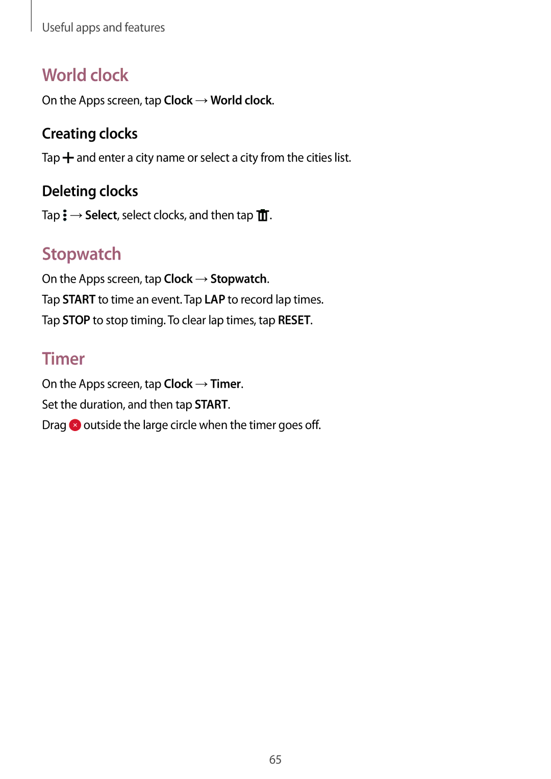 Samsung SM-A300FZKAILO, SM-A300FZKDROM, SM-A300FZWDROM manual World clock, Stopwatch, Timer, Creating clocks, Deleting clocks 