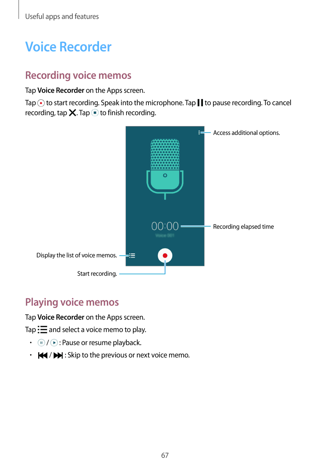 Samsung SM-A300FZWAILO, SM-A300FZKDROM, SM-A300FZWDROM manual Voice Recorder, Recording voice memos, Playing voice memos 