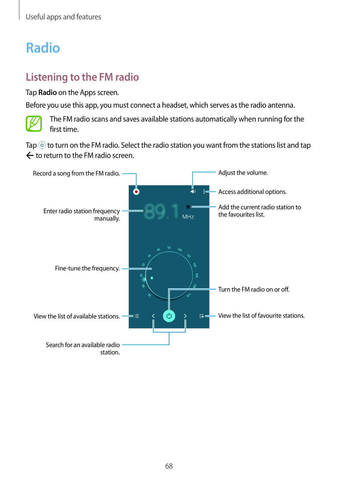 Samsung SM-A300FZBDSER, SM-A300FZKDROM, SM-A300FZWDROM, SM-A300FZKDATO, SM-A300FZKDAUT manual Radio, Listening to the FM radio 