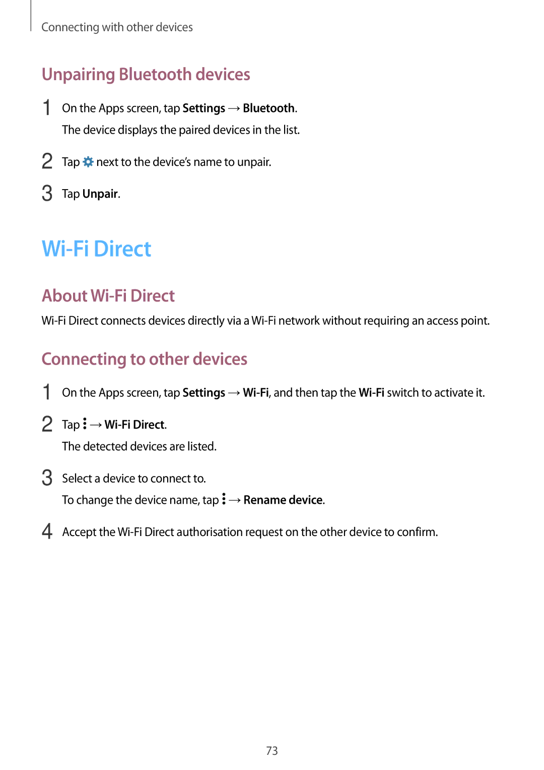 Samsung SM-A300FZKDAUT, SM-A300FZKDROM Unpairing Bluetooth devices, About Wi-Fi Direct, Connecting to other devices 