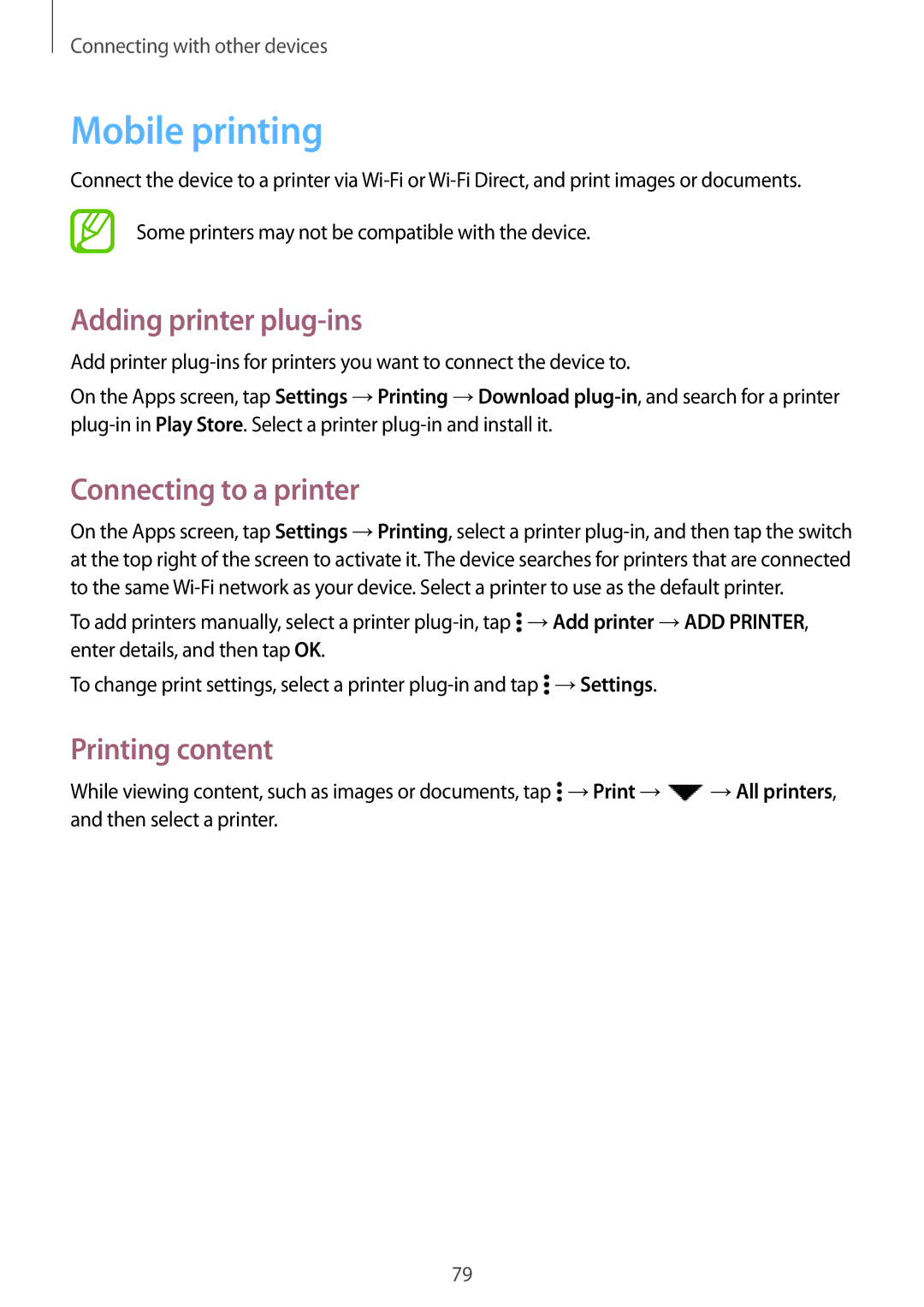 Samsung SM-A300HZWDTHR, SM-A300FZKDROM Mobile printing, Adding printer plug-ins, Connecting to a printer, Printing content 