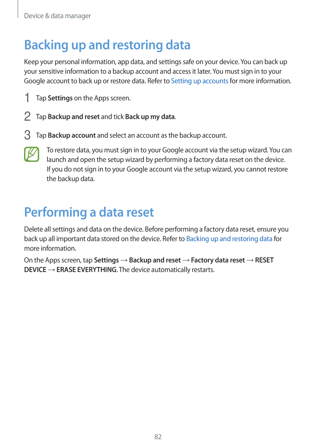 Samsung SM-A300HZKDEGY, SM-A300FZKDROM, SM-A300FZWDROM manual Backing up and restoring data, Performing a data reset 