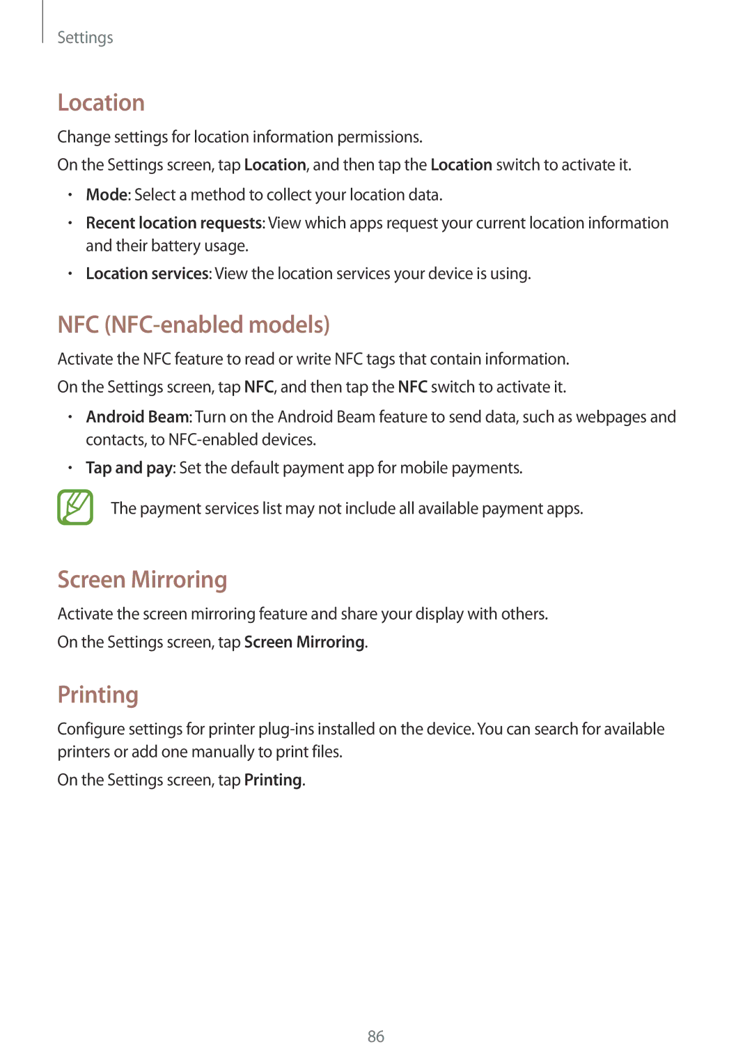 Samsung SM-A300FZKDETL, SM-A300FZKDROM, SM-A300FZWDROM manual Location, NFC NFC-enabled models, Screen Mirroring, Printing 
