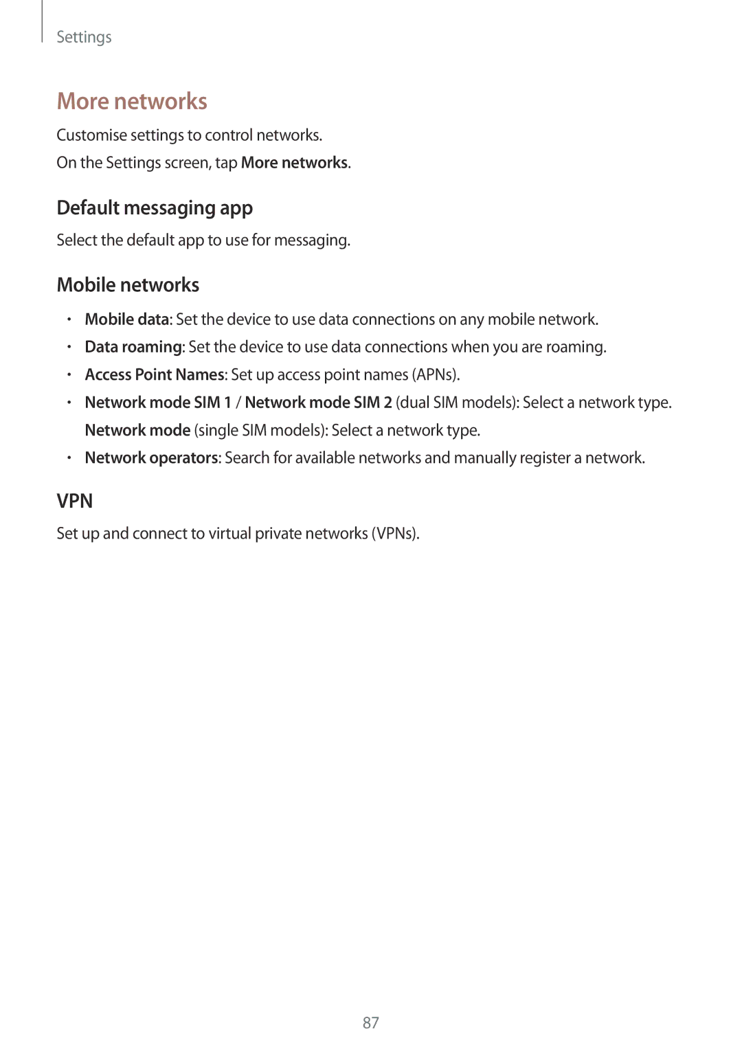 Samsung SM-A300FZSDAUT, SM-A300FZKDROM, SM-A300FZWDROM, SM-A300FZKDATO More networks, Default messaging app, Mobile networks 