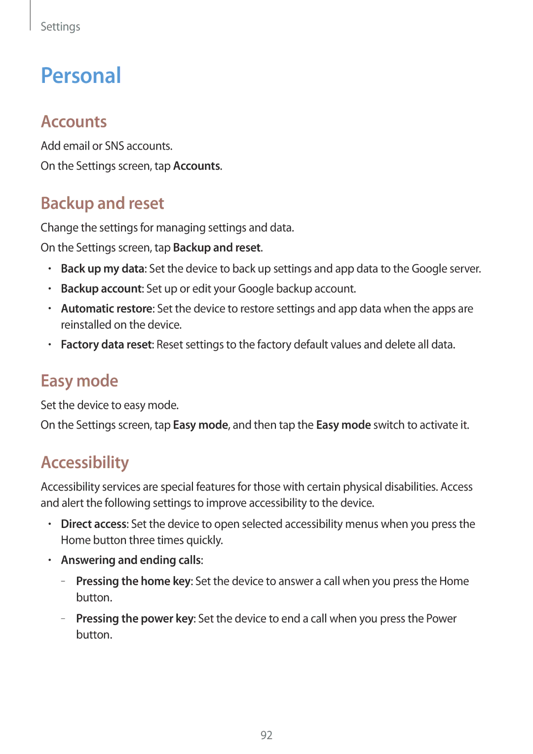 Samsung SM2A300FZKDETL, SM-A300FZKDROM, SM-A300FZWDROM manual Personal, Accounts, Backup and reset, Easy mode, Accessibility 