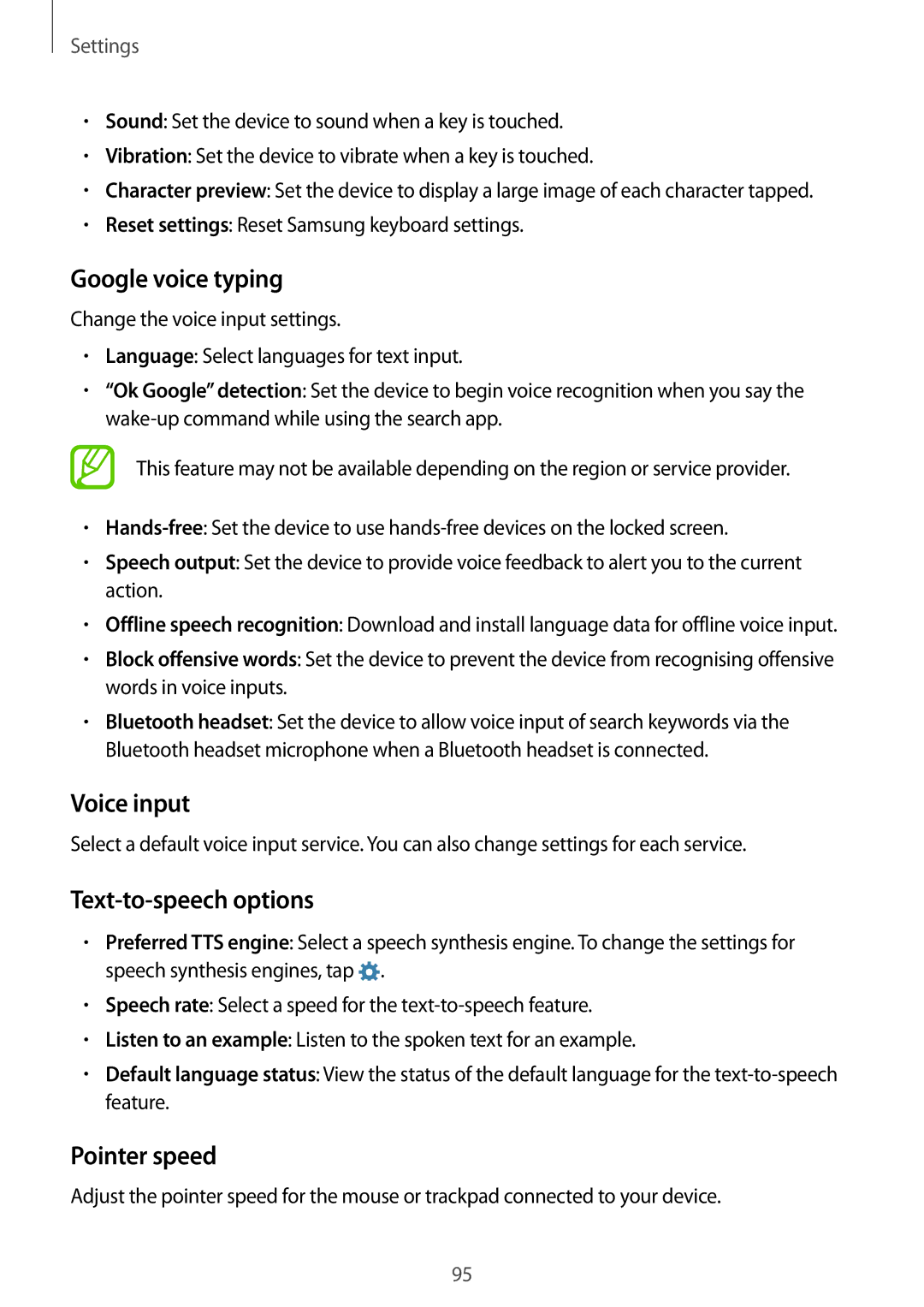 Samsung SM-A300FZWAPTR, SM-A300FZKDROM manual Google voice typing, Voice input, Text-to-speech options, Pointer speed 