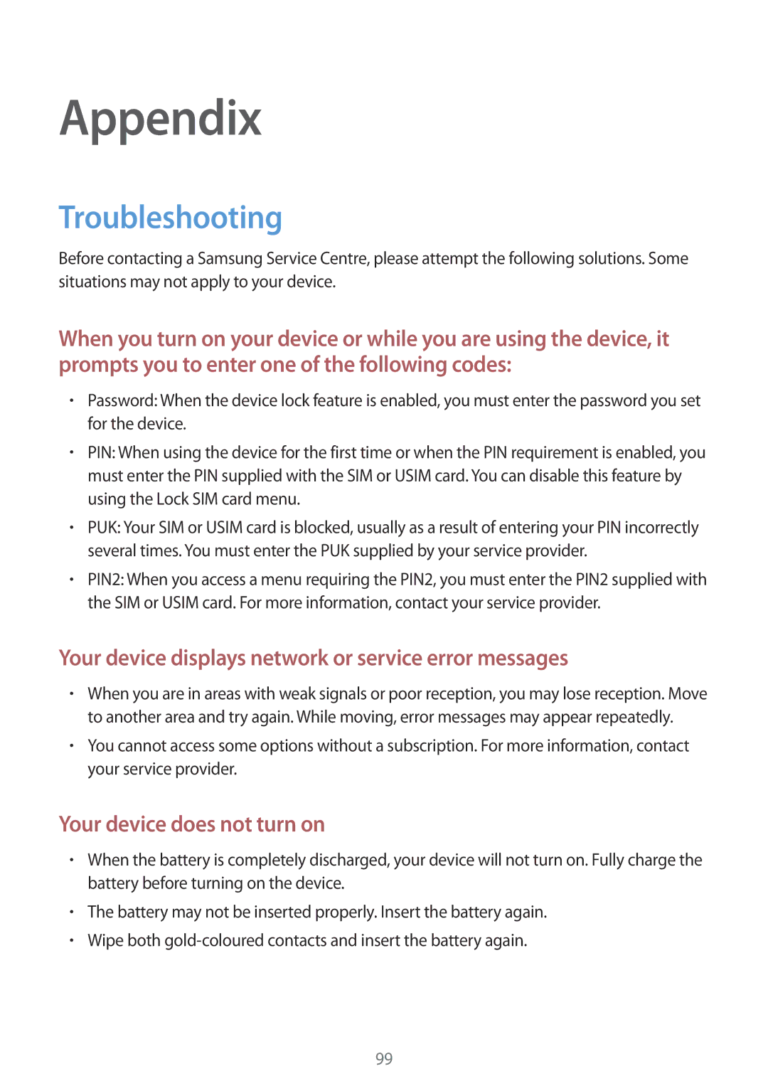 Samsung SM-A300FZKACEL, SM-A300FZKDROM, SM-A300FZWDROM, SM-A300FZKDATO, SM-A300FZKDAUT manual Appendix, Troubleshooting 