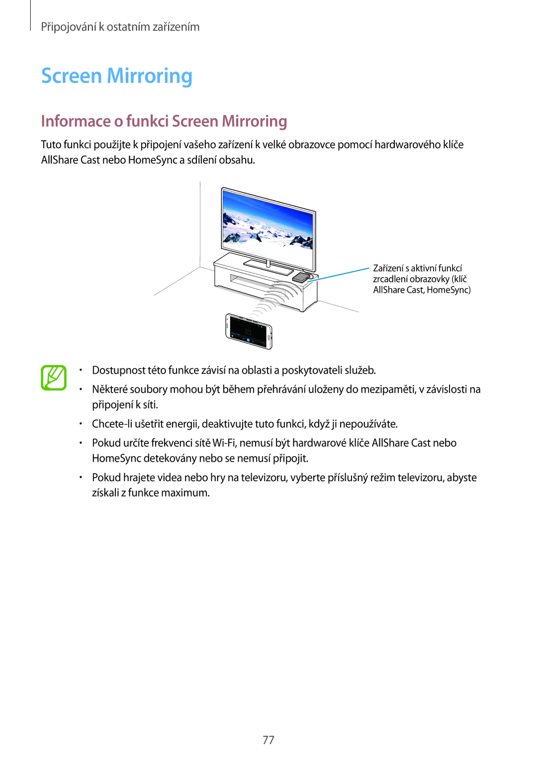 Samsung SM-A300FZKDETL, SM-A300FZKDROM, SM-A300FZWDROM, SM-A300FZKDATO manual Informace o funkci Screen Mirroring 