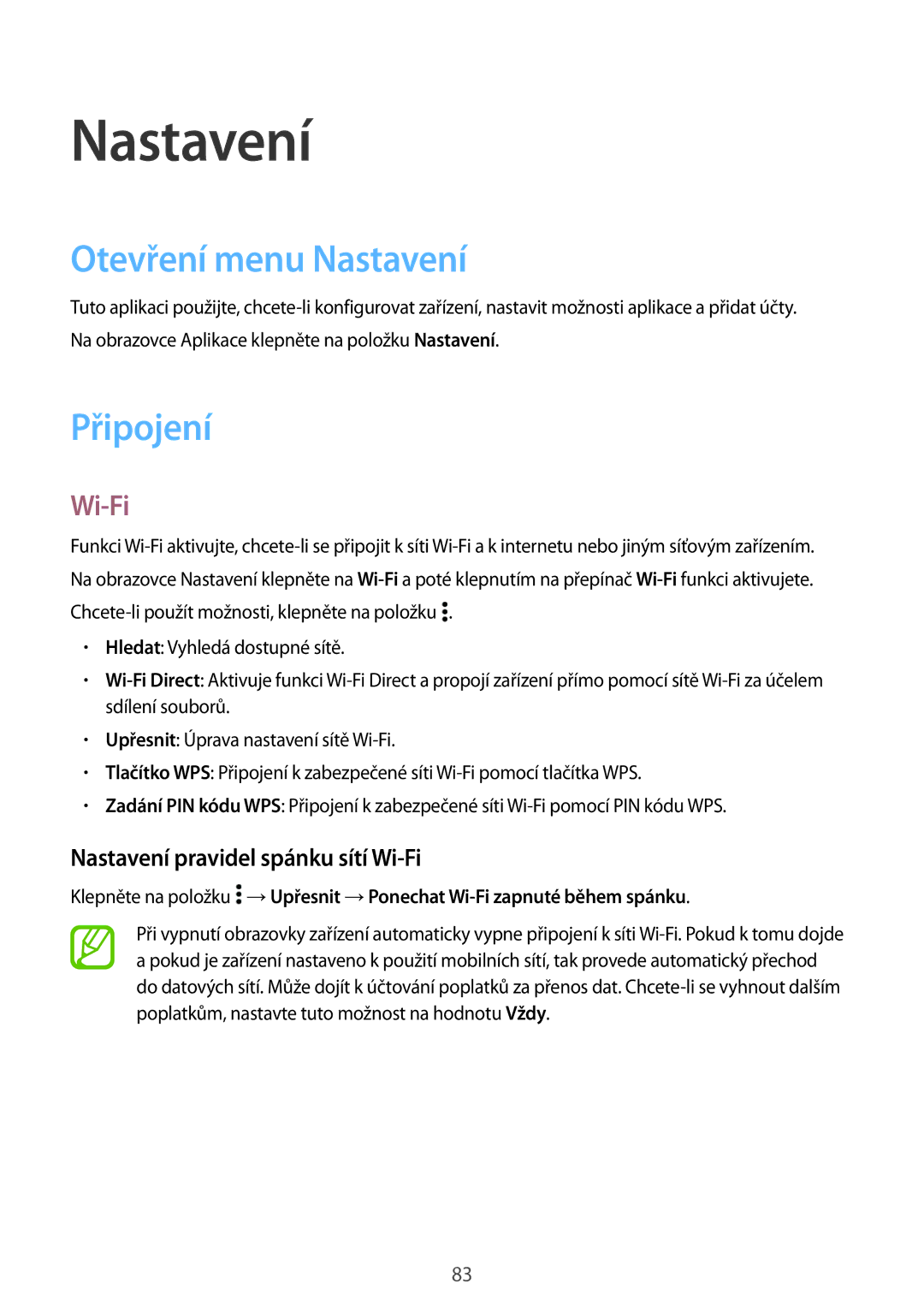 Samsung SM2A300FZKDETL, SM-A300FZKDROM Otevření menu Nastavení, Připojení, Nastavení pravidel spánku sítí Wi-Fi 