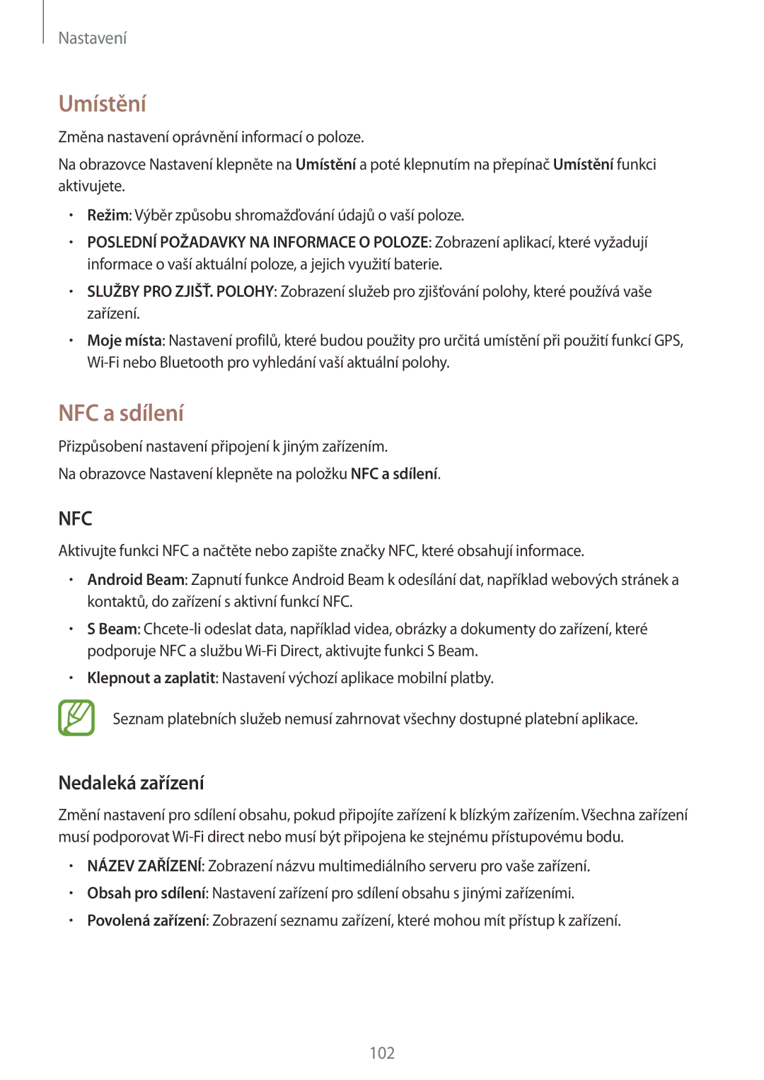 Samsung SM2A300FZWDETL, SM-A300FZKDROM, SM-A300FZWDROM, SM-A300FZKDATO manual Umístění, NFC a sdílení, Nedaleká zařízení 