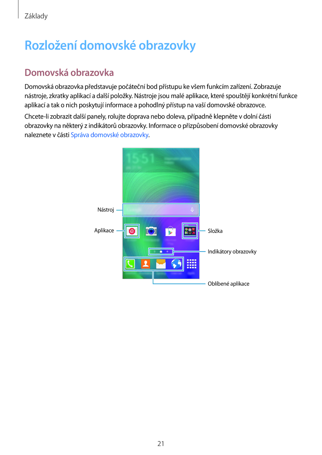 Samsung SM-A300FZDDATO, SM-A300FZKDROM, SM-A300FZWDROM, SM-A300FZKDATO manual Rozložení domovské obrazovky, Domovská obrazovka 