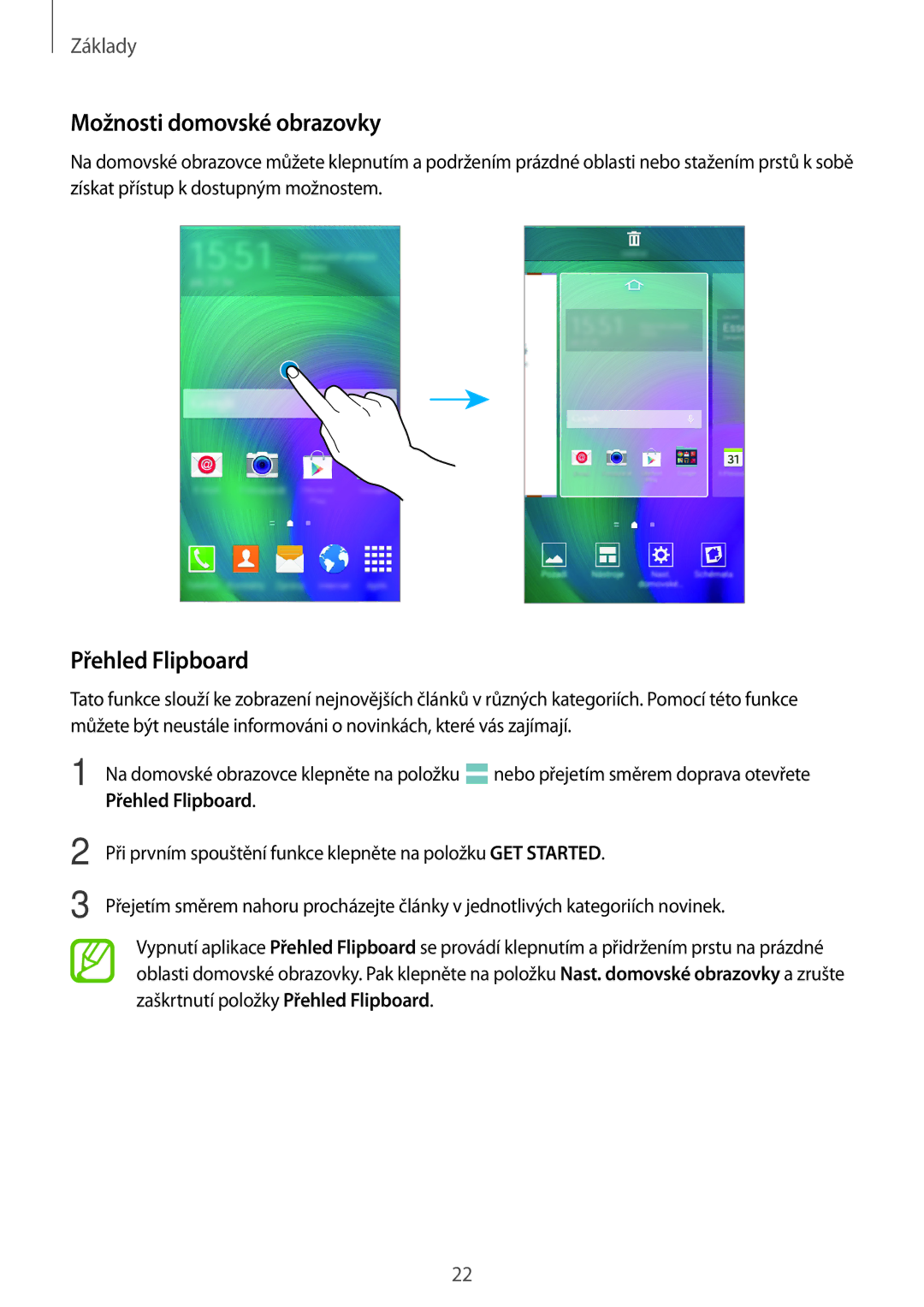 Samsung SM-A300FZWDETL, SM-A300FZKDROM, SM-A300FZWDROM, SM-A300FZKDATO manual Možnosti domovské obrazovky, Přehled Flipboard 