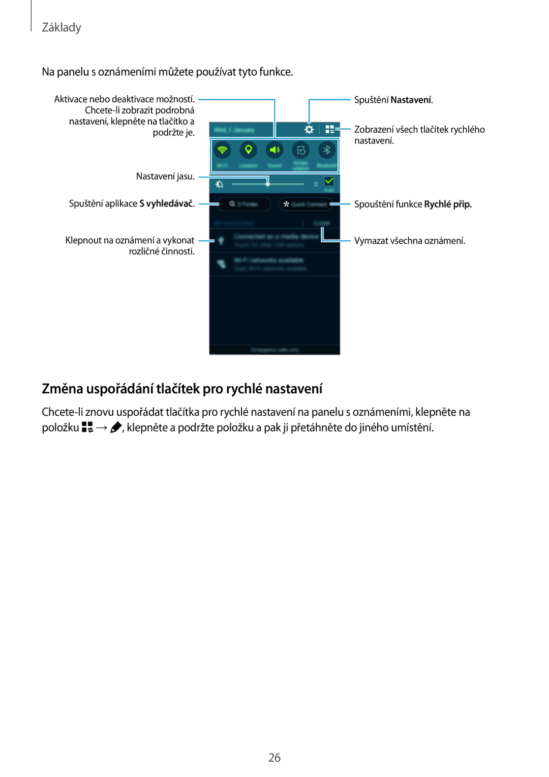 Samsung SM-A300FZKDROM Změna uspořádání tlačítek pro rychlé nastavení, Na panelu s oznámeními můžete používat tyto funkce 