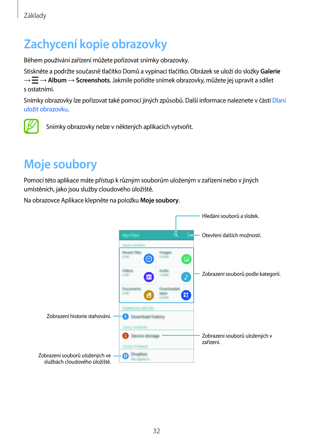 Samsung SM-A300FZSDAUT, SM-A300FZKDROM, SM-A300FZWDROM, SM-A300FZKDATO manual Zachycení kopie obrazovky, Moje soubory 