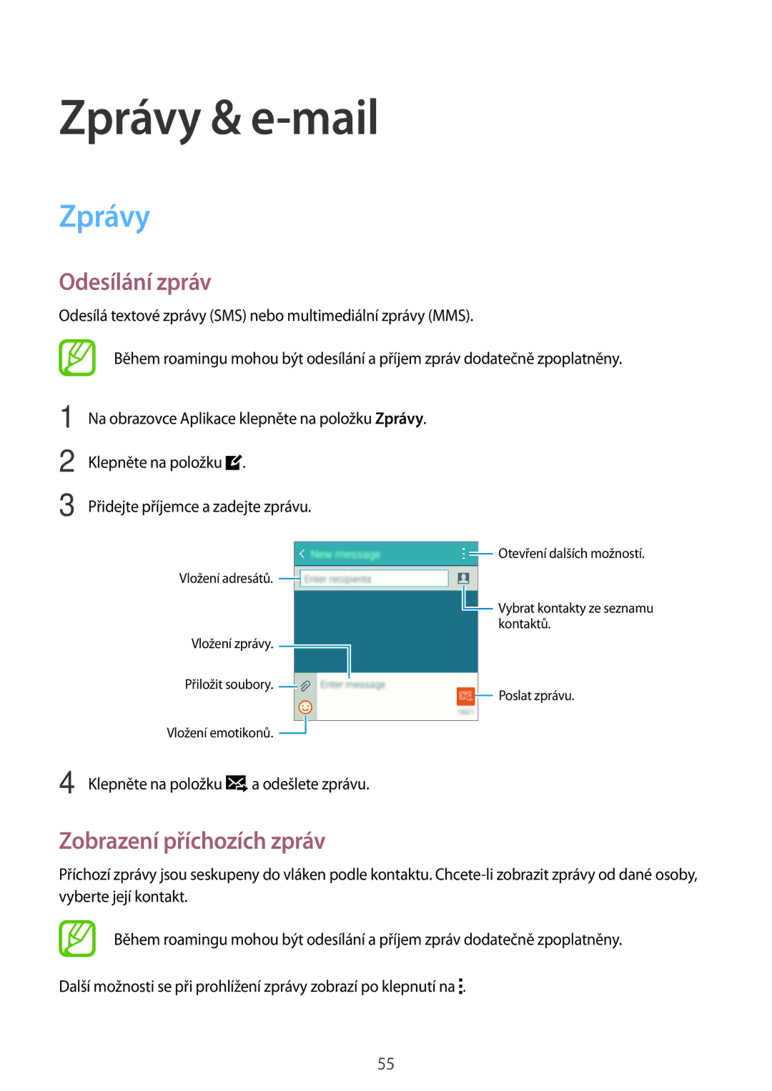 Samsung SM-A300FZKDAUT, SM-A300FZKDROM, SM-A300FZWDROM manual Zprávy & e-mail, Odesílání zpráv, Zobrazení příchozích zpráv 