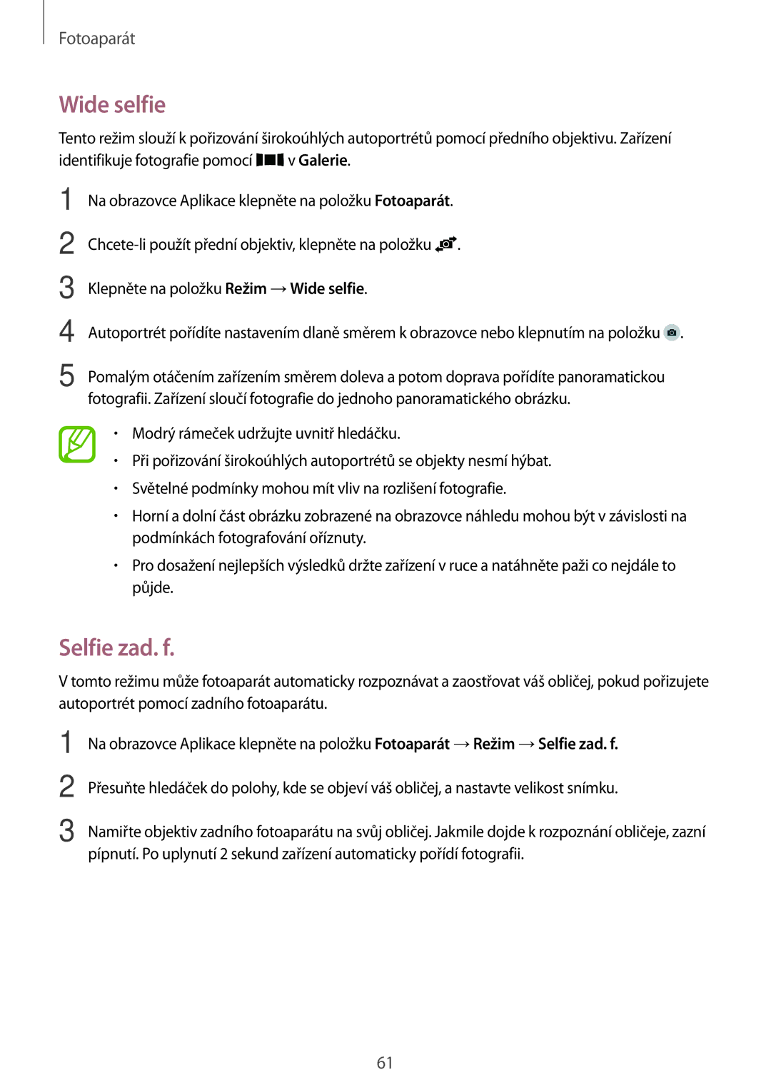 Samsung SM-A300FZWDETL, SM-A300FZKDROM, SM-A300FZWDROM, SM-A300FZKDATO, SM-A300FZKDAUT manual Wide selfie, Selfie zad. f 