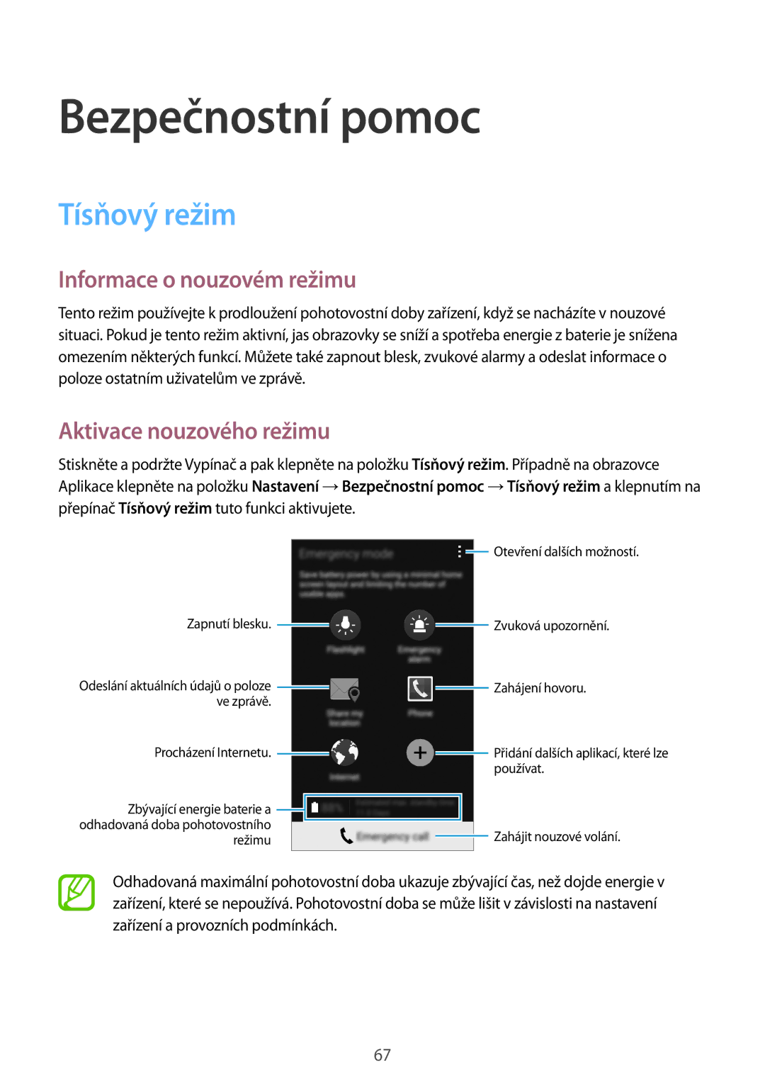 Samsung SM-A300FZKDATO manual Bezpečnostní pomoc, Tísňový režim, Informace o nouzovém režimu, Aktivace nouzového režimu 