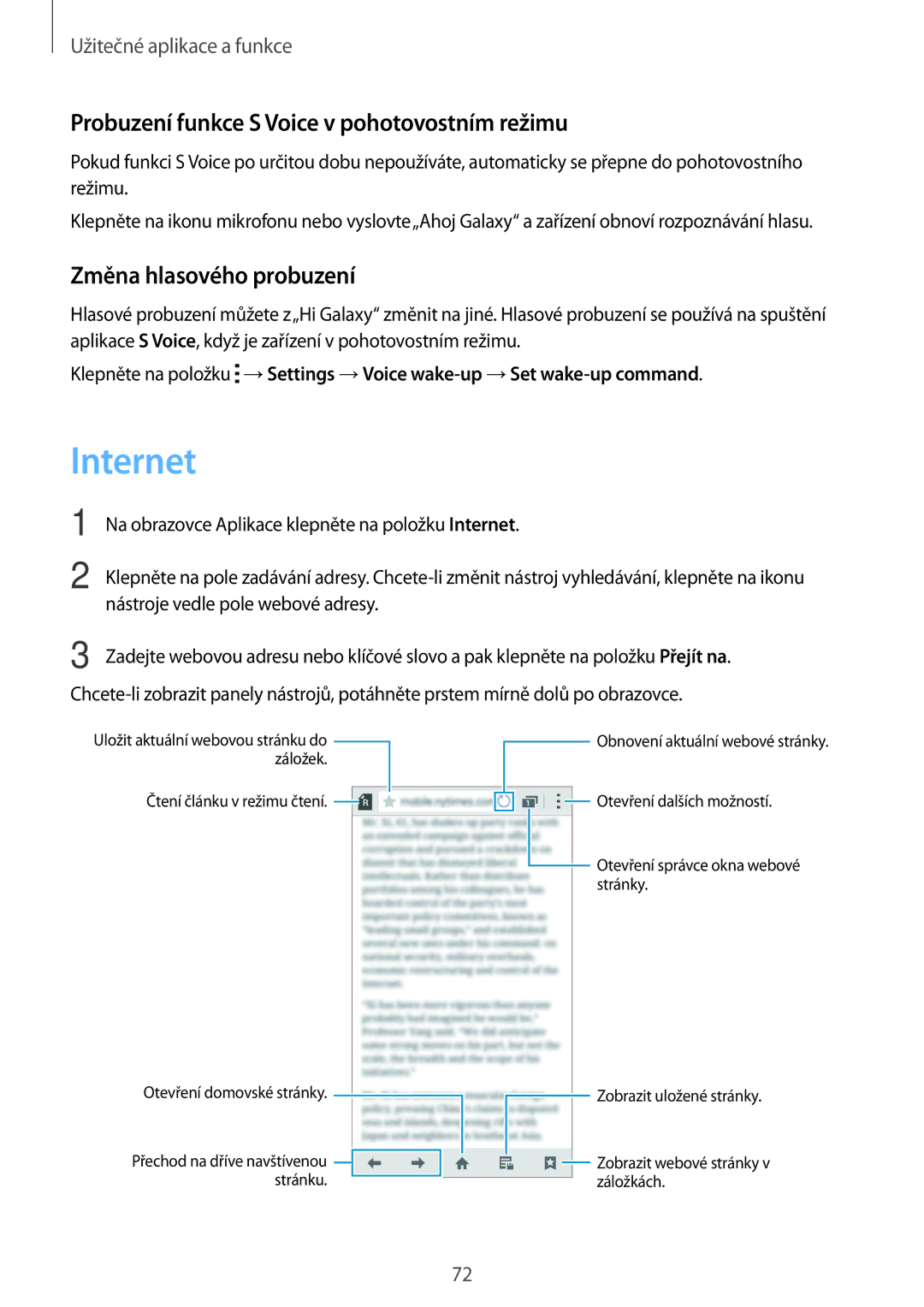 Samsung SM-A300FZDUETL manual Internet, Probuzení funkce S Voice v pohotovostním režimu, Změna hlasového probuzení 