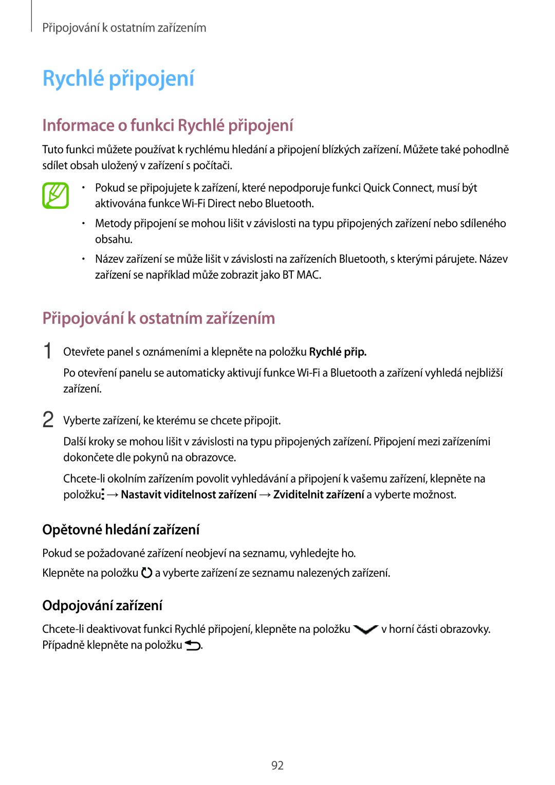 Samsung SM-A300FZWDROM manual Informace o funkci Rychlé připojení, Opětovné hledání zařízení, Odpojování zařízení 