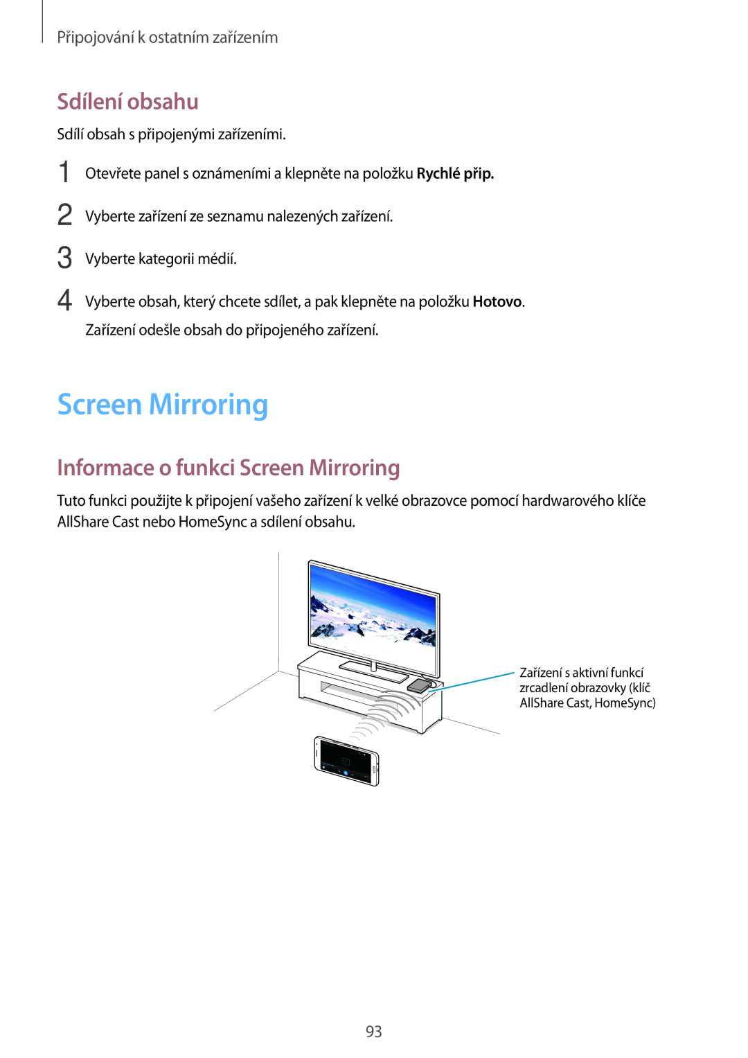 Samsung SM-A300FZKDATO, SM-A300FZKDROM, SM-A300FZWDROM manual Sdílení obsahu, Informace o funkci Screen Mirroring 