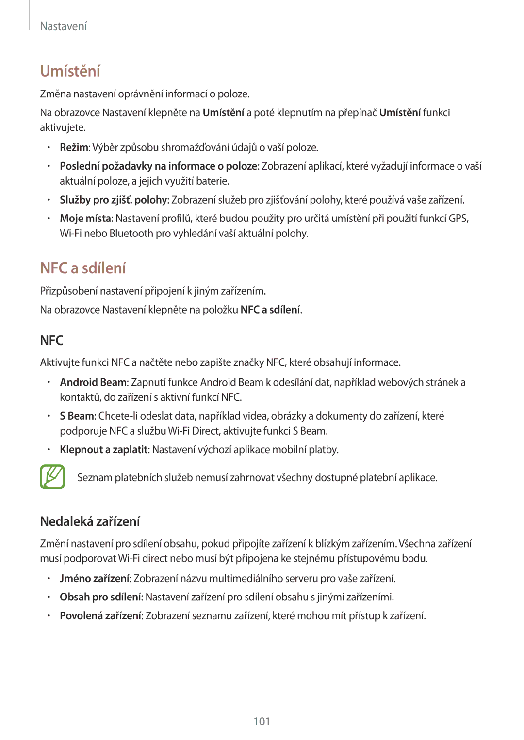 Samsung SM-A300FZWDAUT, SM-A300FZKDROM, SM-A300FZWDROM, SM-A300FZKDATO manual Umístění, NFC a sdílení, Nedaleká zařízení 