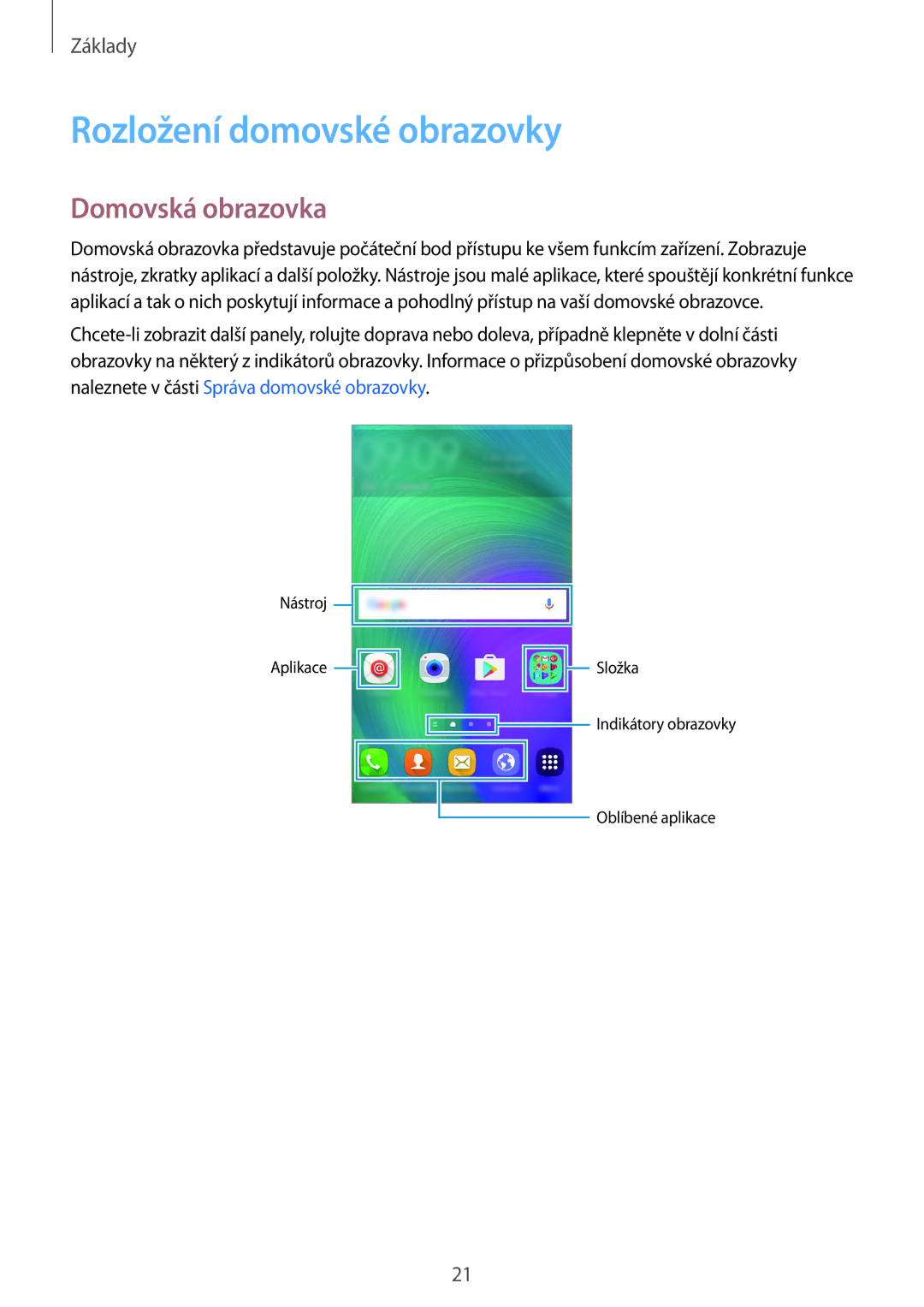 Samsung SM-A300FZDDATO, SM-A300FZKDROM, SM-A300FZWDROM, SM-A300FZKDATO manual Rozložení domovské obrazovky, Domovská obrazovka 