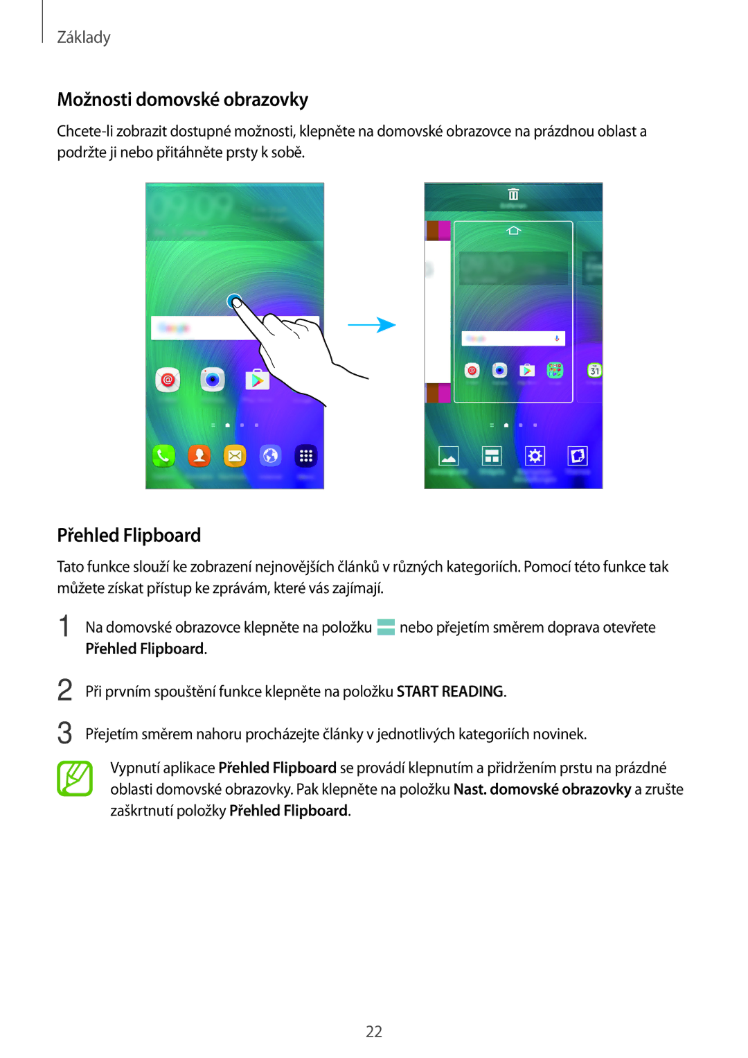 Samsung SM-A300FZWDETL, SM-A300FZKDROM, SM-A300FZWDROM, SM-A300FZKDATO manual Možnosti domovské obrazovky, Přehled Flipboard 