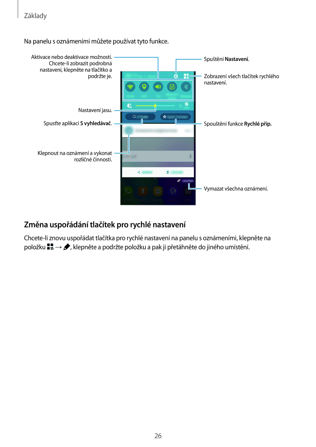 Samsung SM-A300FZKDROM Změna uspořádání tlačítek pro rychlé nastavení, Na panelu s oznámeními můžete používat tyto funkce 